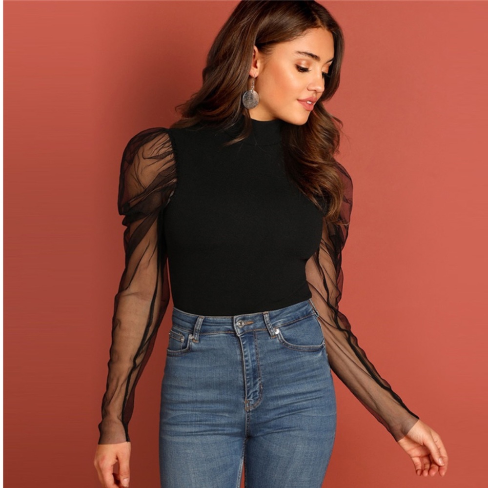 New! Mock Neck Puff Mesh Sleeve Bodysuit In Black - Picture 2 of 8